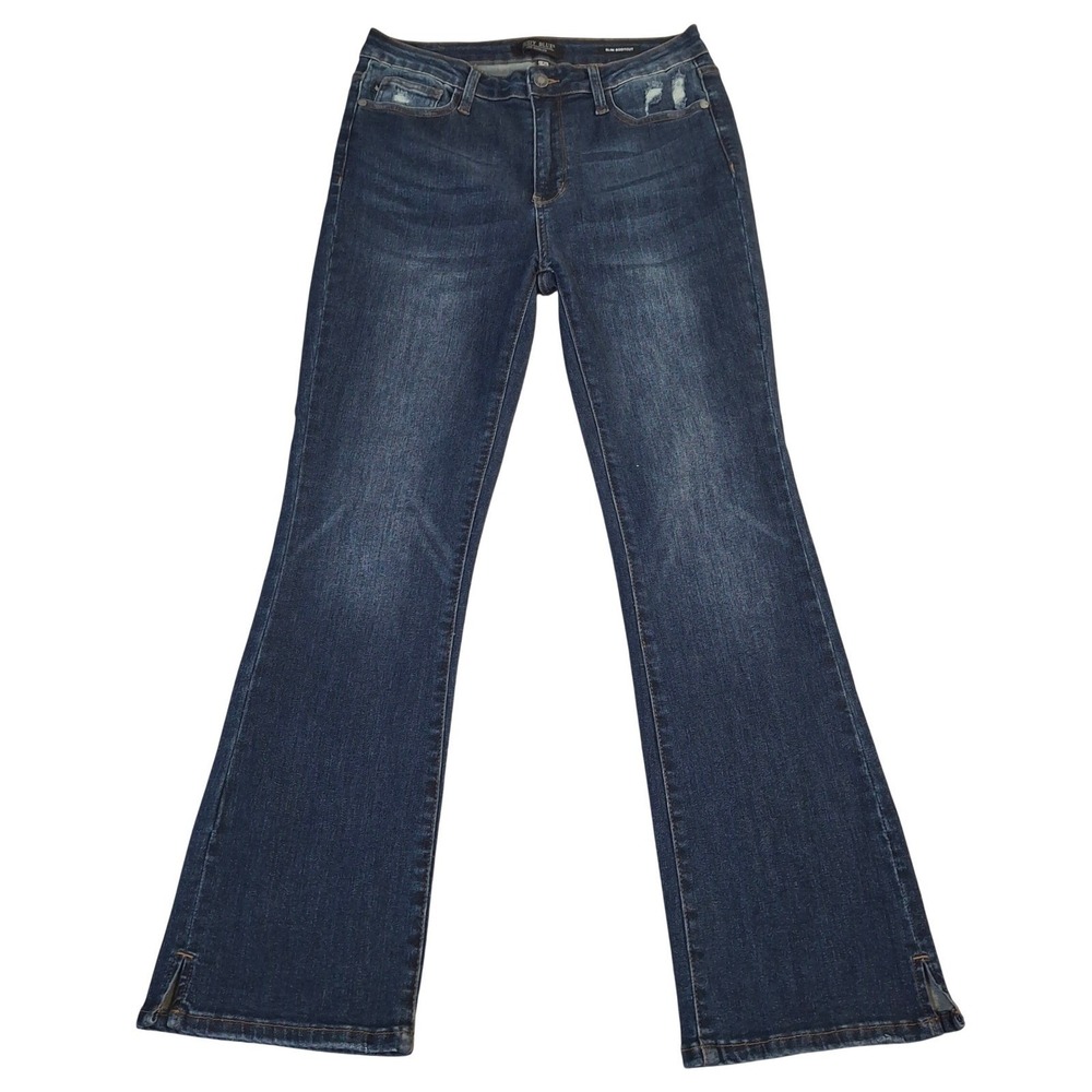 Judy Blue Slim Bootcut Jeans Size 9/29 Dark Wash Distressed Side Slit Stretch